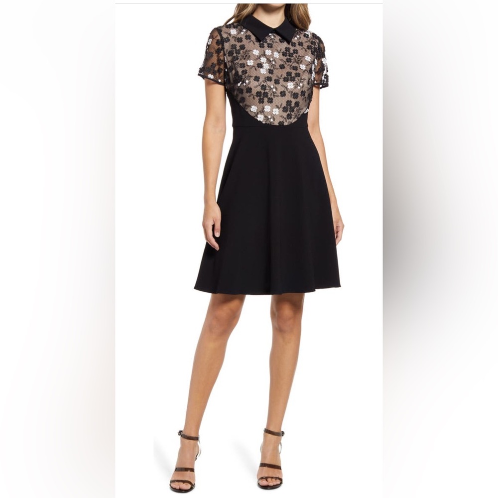 Shani Floral Applique Fit & Flare Dress Black Nude NWT Size 2